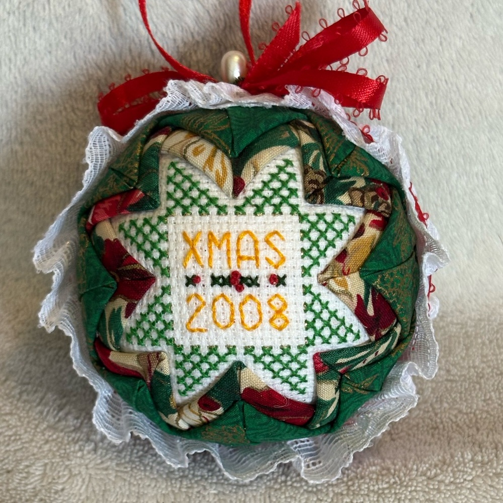 Handcrafted VTG Quilt Christmas Cross Stitch XMAS 2008 Ball Ornament plaid Lace